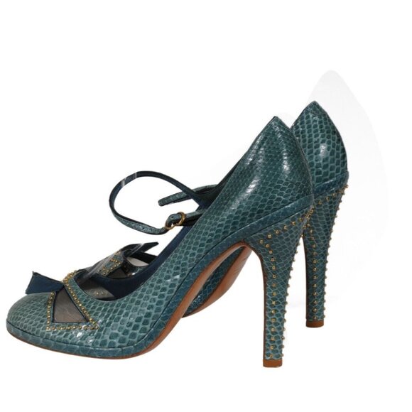 Marc Jacobs Womens Strappy Buckle Pumps US 9 EU 39 Green Python Leather Studded - Picture 5 of 11
